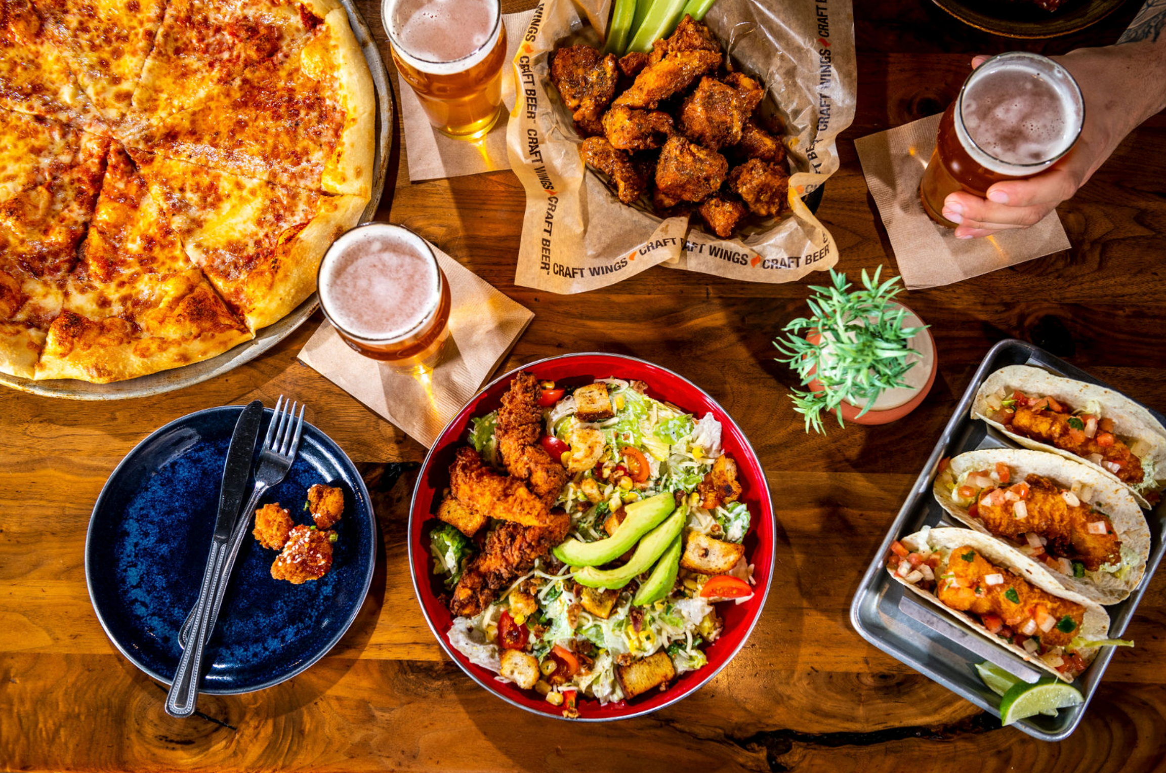 The Church St. Salad, a cheese pizza, dry rub wings, and fish tacos, served with cold beers